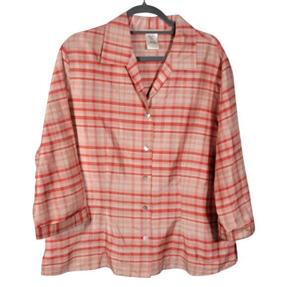 Tall Girl Tops - Vtg Tall Girl 100% Silk Blouse 18 Red White Plaid Boxy Top Oversized 3/4 Sleeve